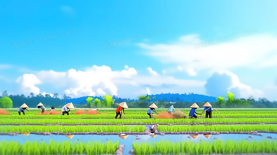 春天田野里辛勤耕种的农民风景图片