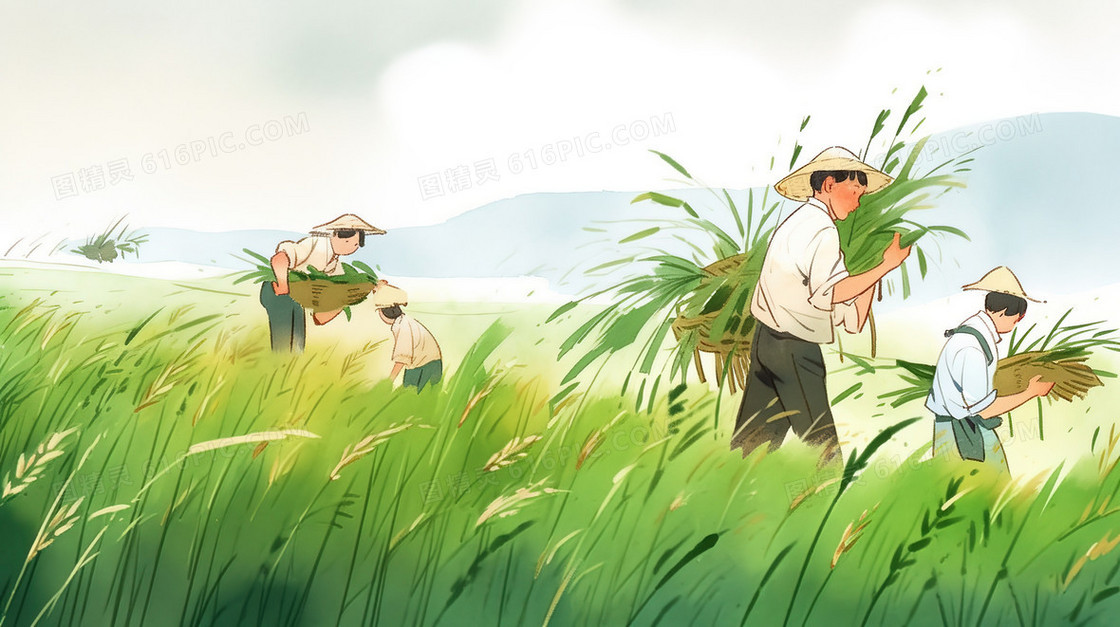 成熟稻田里收割的农夫插画