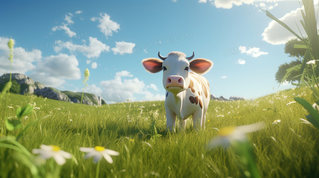 绿色草原上的白色奶牛风景图片