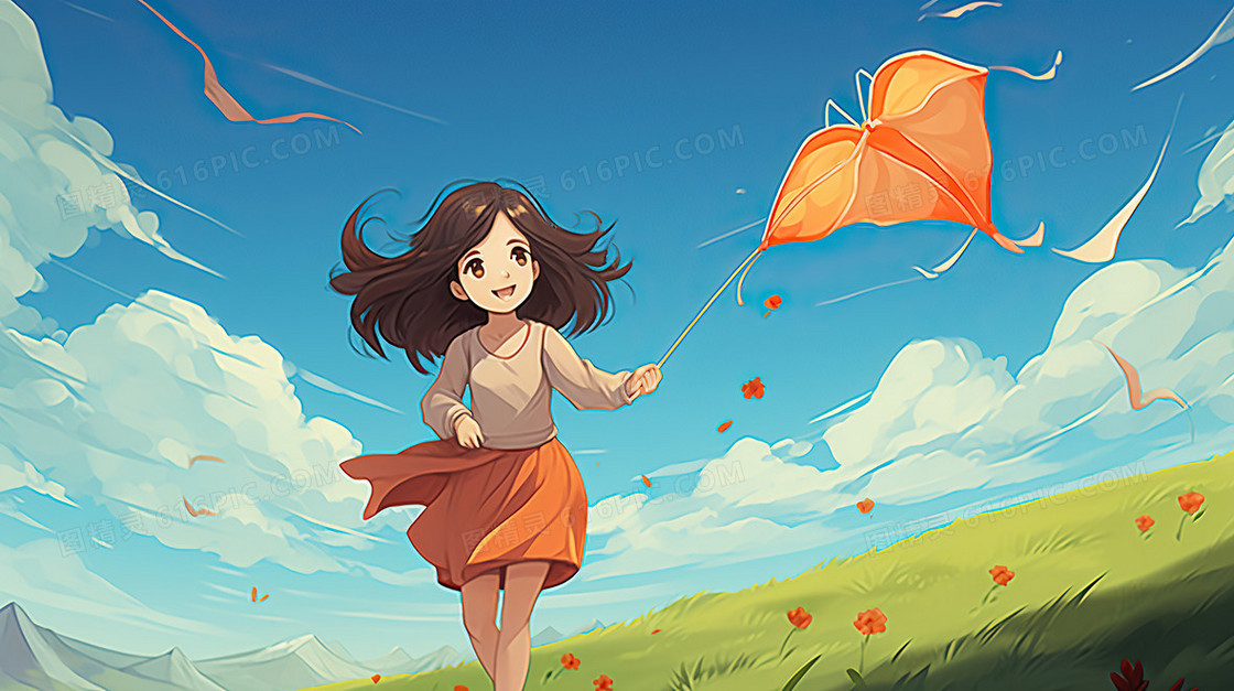 唯美春天风景卡通少女踏青插画