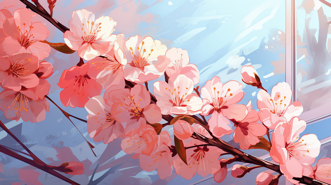 粉色唯美春天风景桃花樱花插画