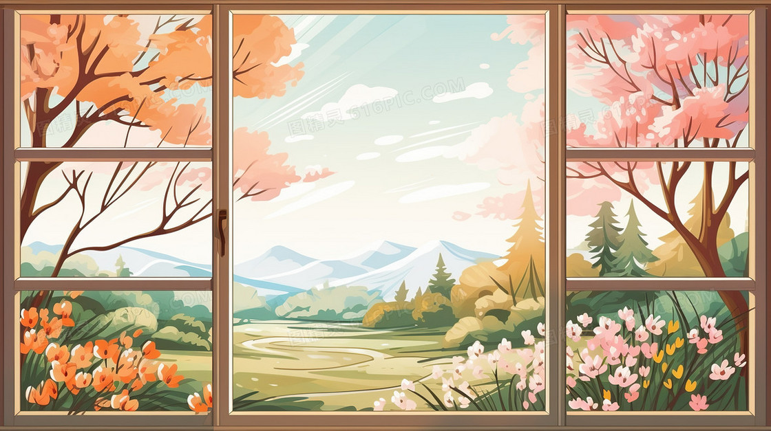 粉色唯美春天风景桃花樱花插画
