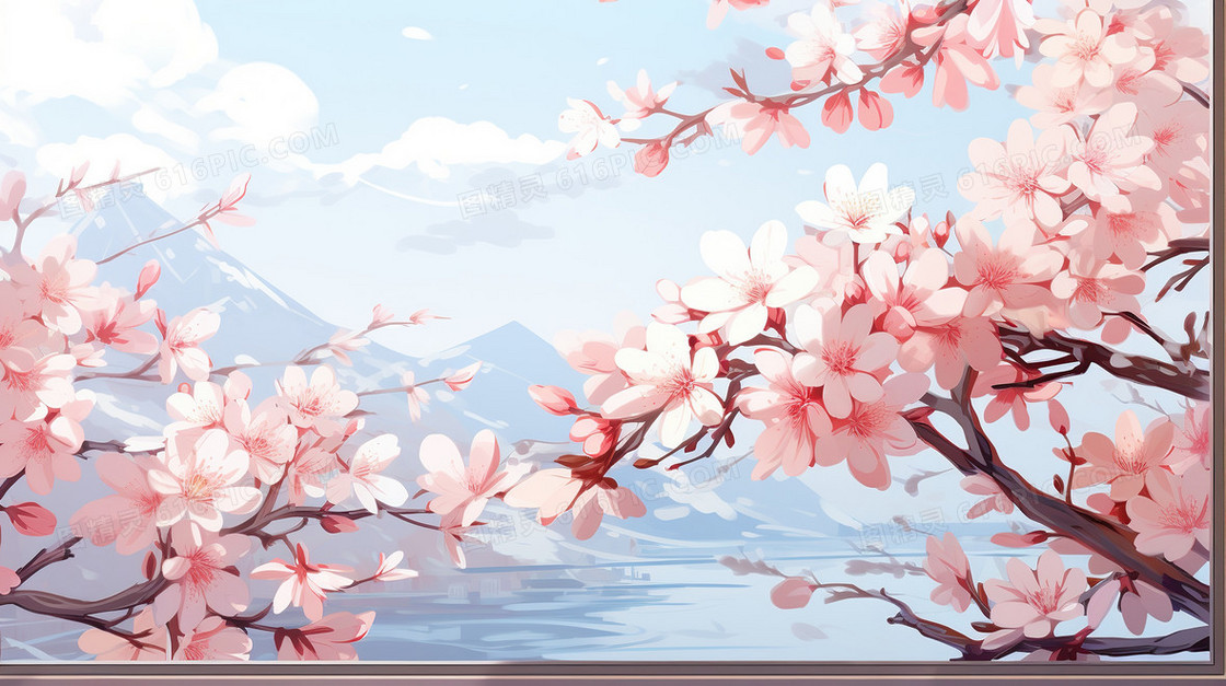粉色唯美春天风景桃花樱花插画