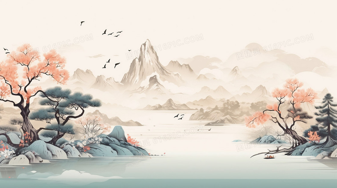 唯美春天风景中国风山水插画