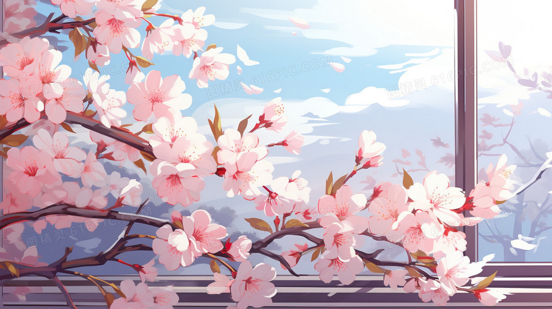 粉色唯美春天风景桃花樱花插画