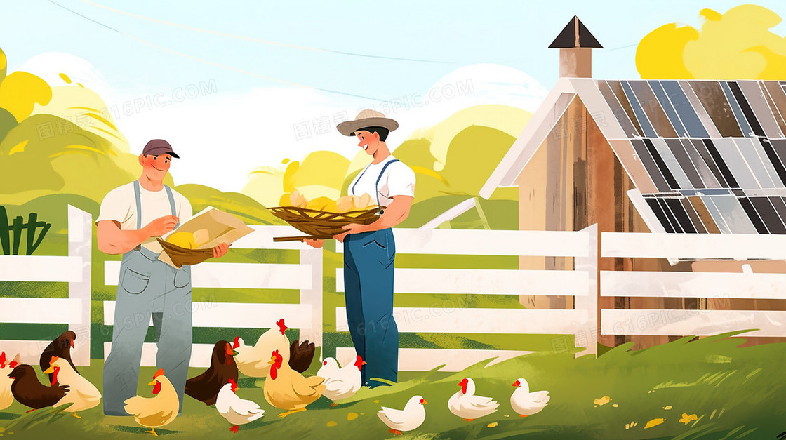 农场里饲养土鸡的农民插画