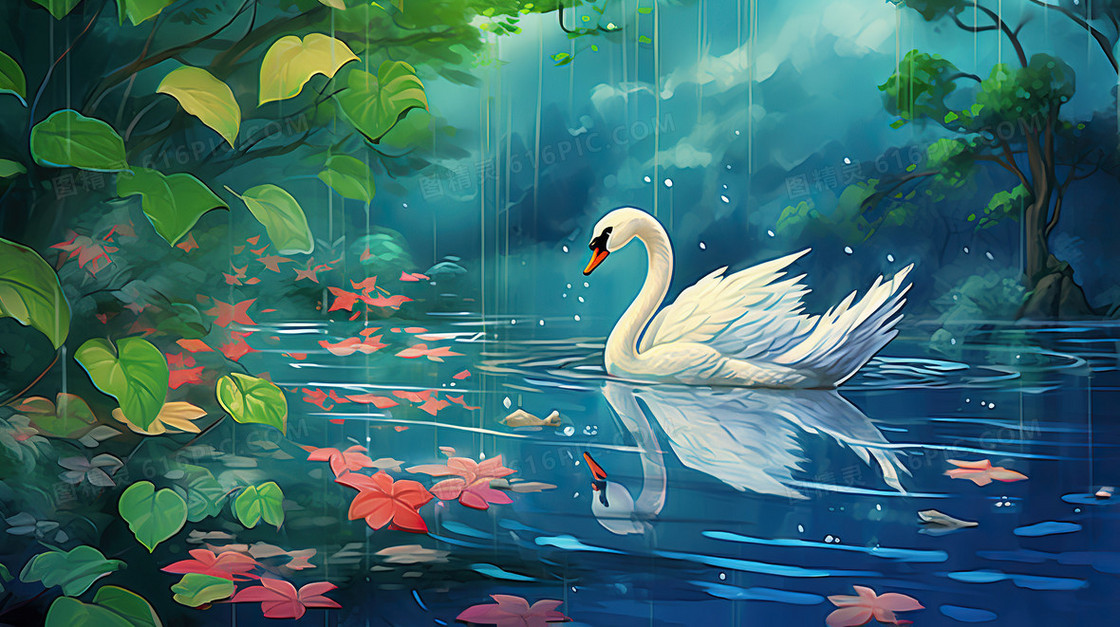 唯美春天风景池塘天鹅插画