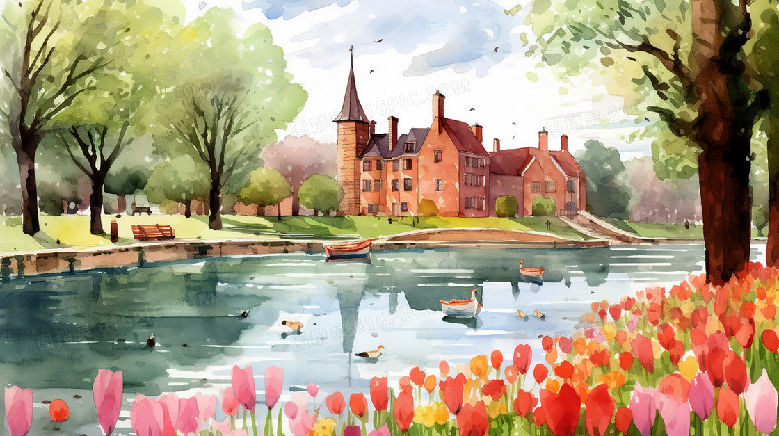 唯美春天风景池塘城堡插画