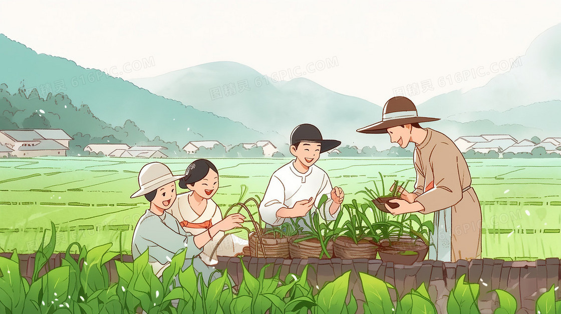 村庄稻田里丰收的农民插画
