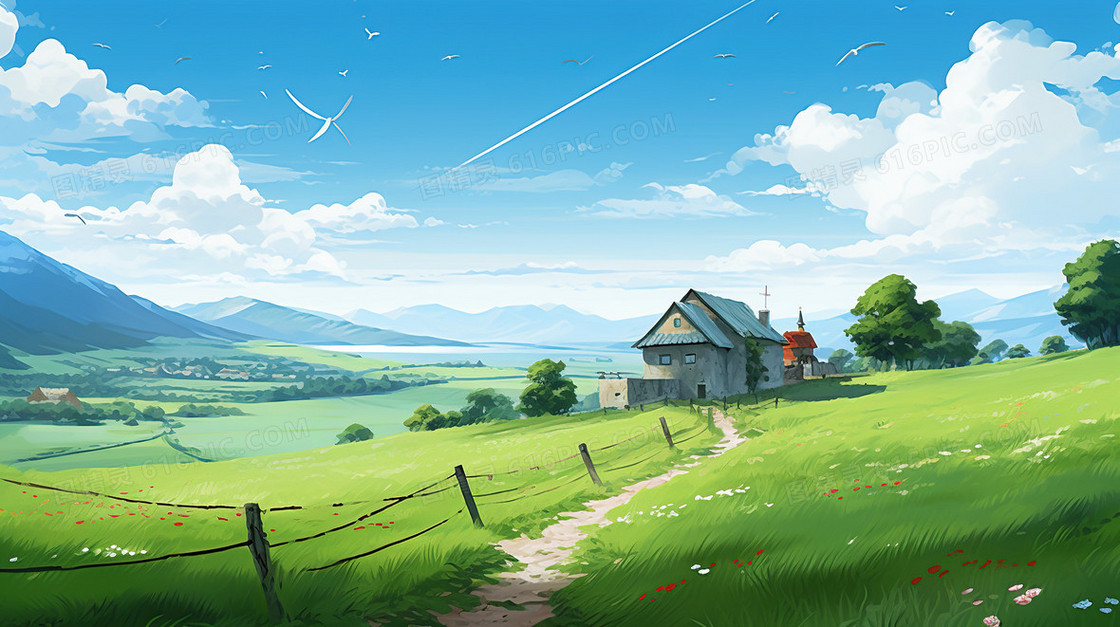 唯美春天风景草地草坪插画