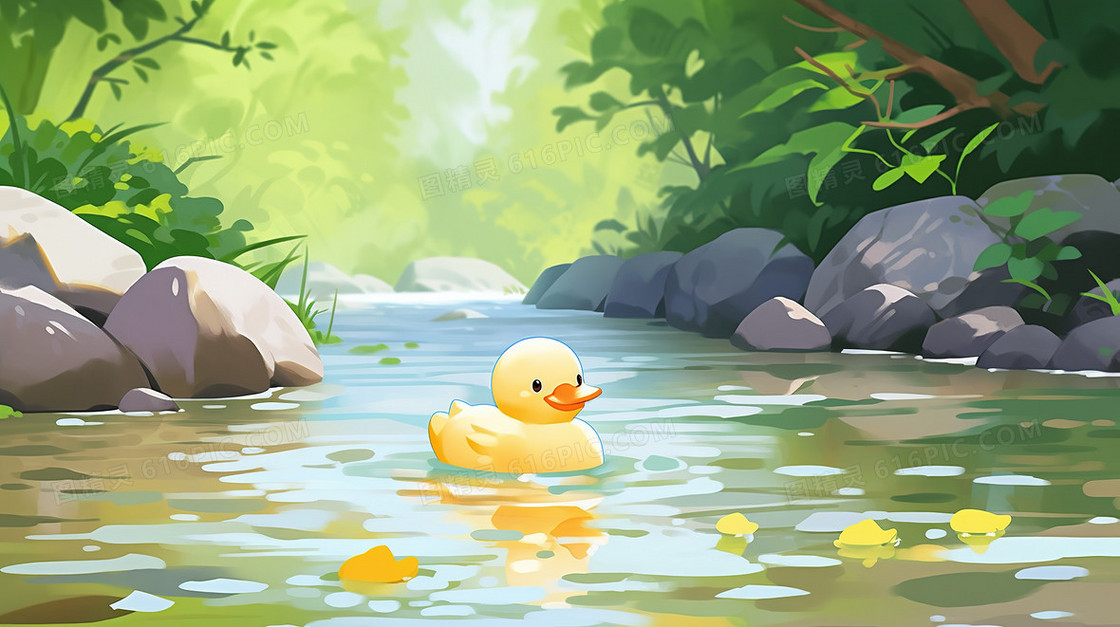 春季森林小溪里的小黄鸭插画