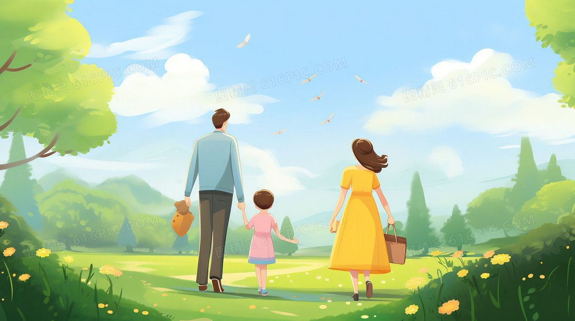 春季夫妇带小孩到户外郊游插画