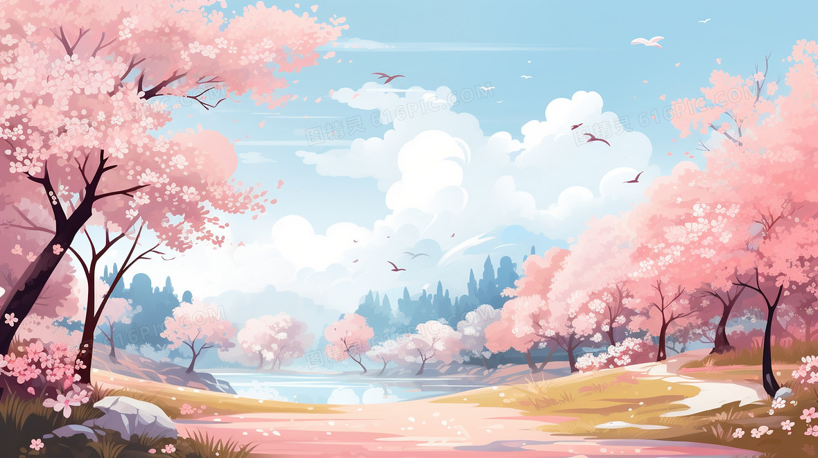 唯美春天风景草地草坪插画背景图片下载_2912x1632像素JPG格式_编号vwkfpe6w6_图精灵