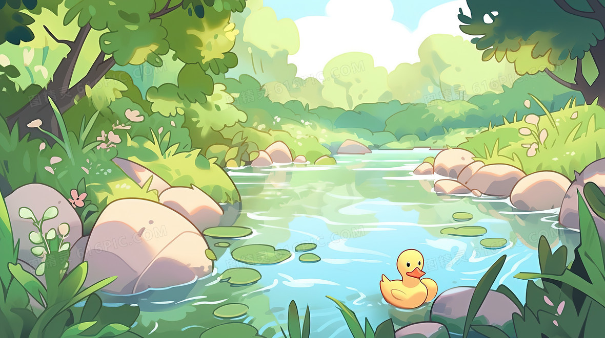 春季森林小溪里的小黄鸭插画