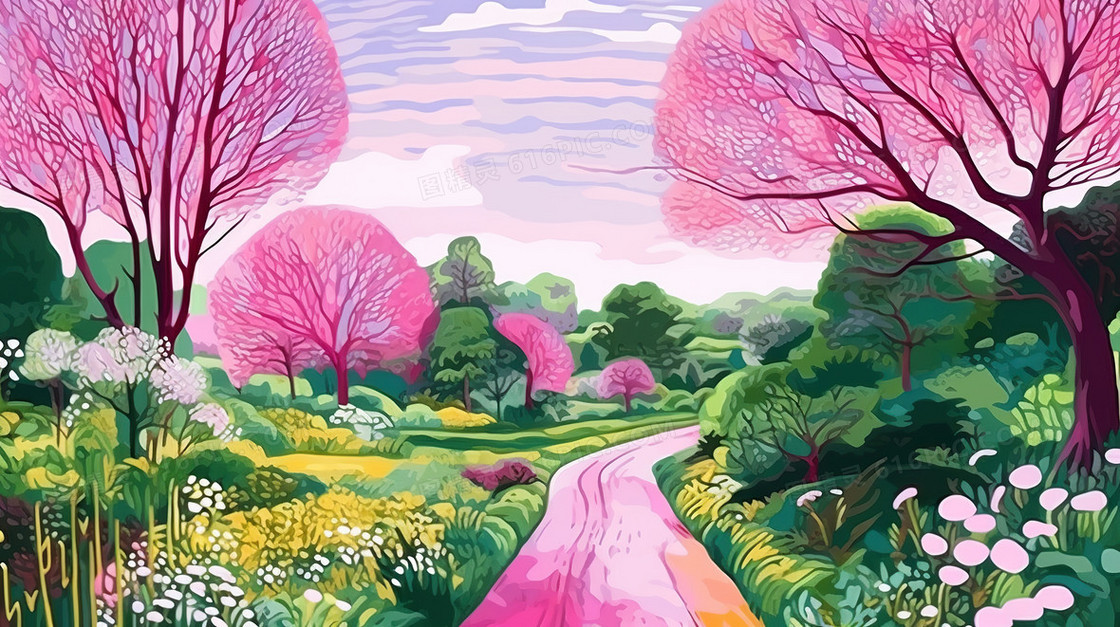 粉色唯美春天手绘风景插画