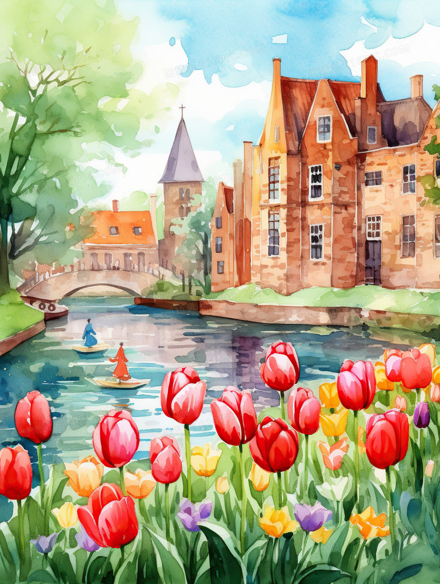 唯美春天风景池塘城堡插画