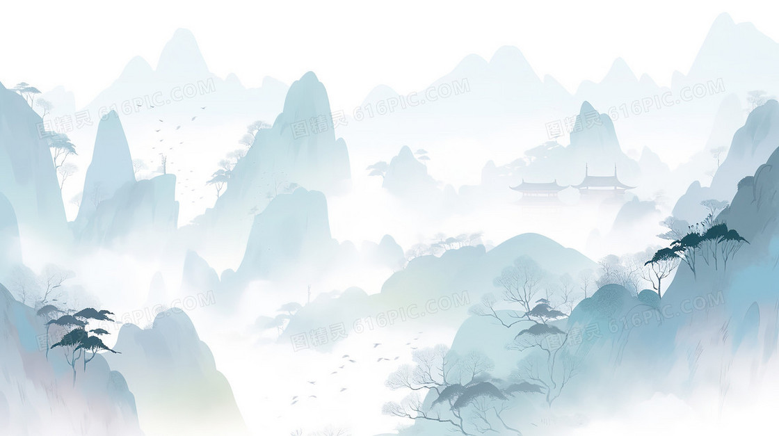 雾中群山中国山水插画