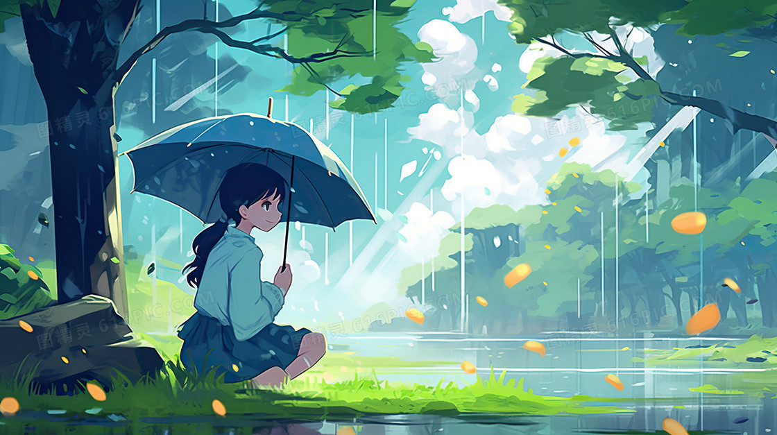 下雨天女孩撑伞在森林里插画