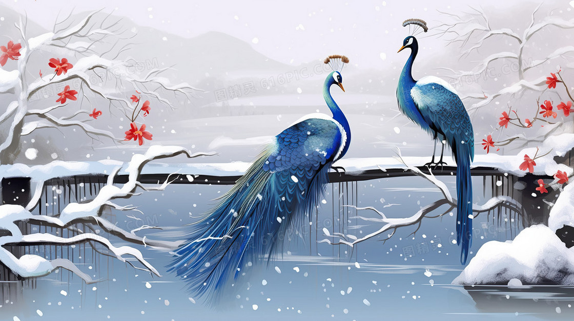 下雪天中国风山水插画