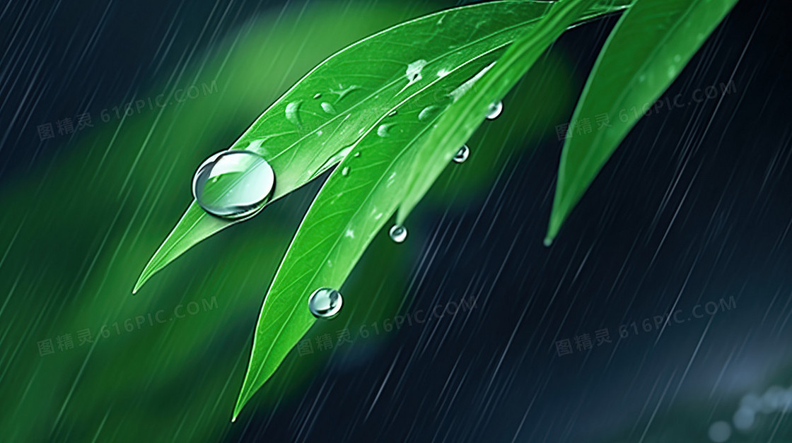 下雨天绿色植物绿植水滴露水雨水节气图片