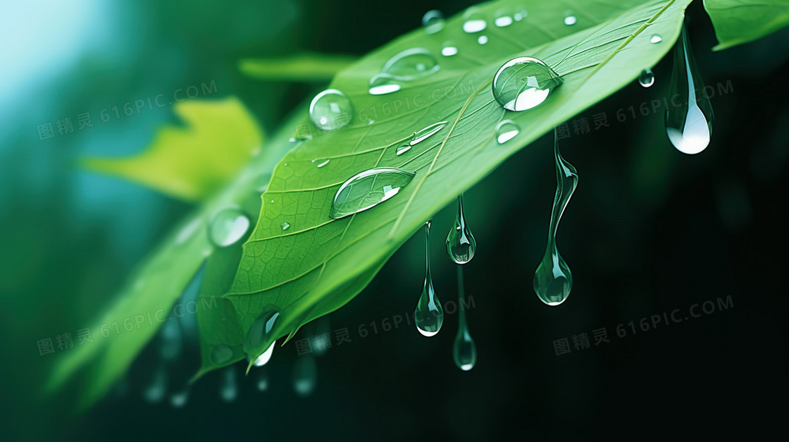 下雨天绿色植物绿植水滴露水雨水节气图片