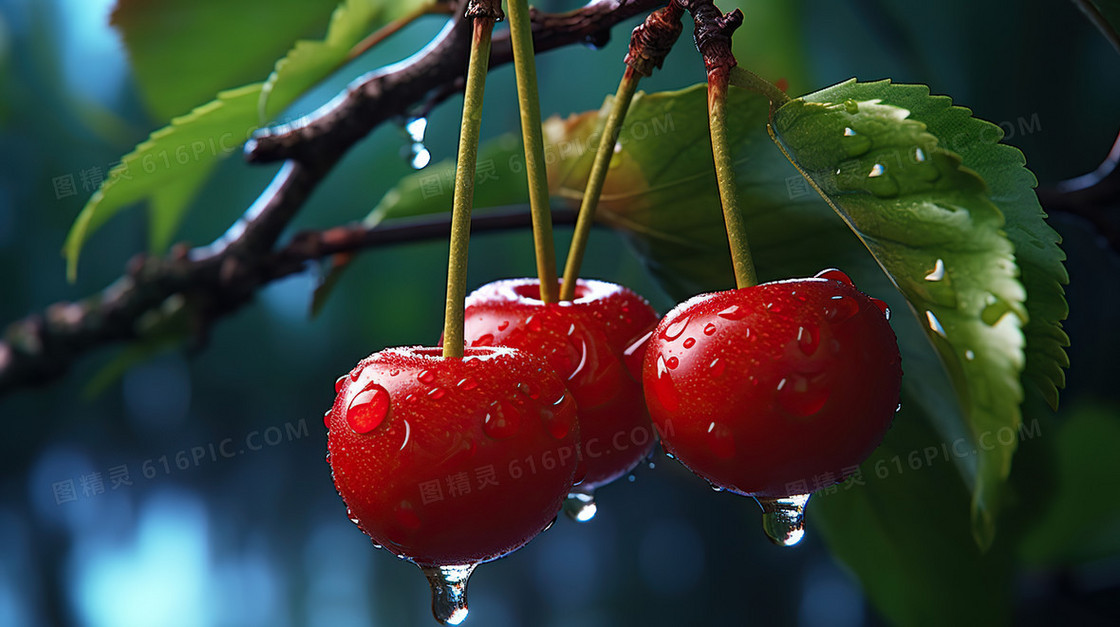 下雨天樱桃车厘子露水图片