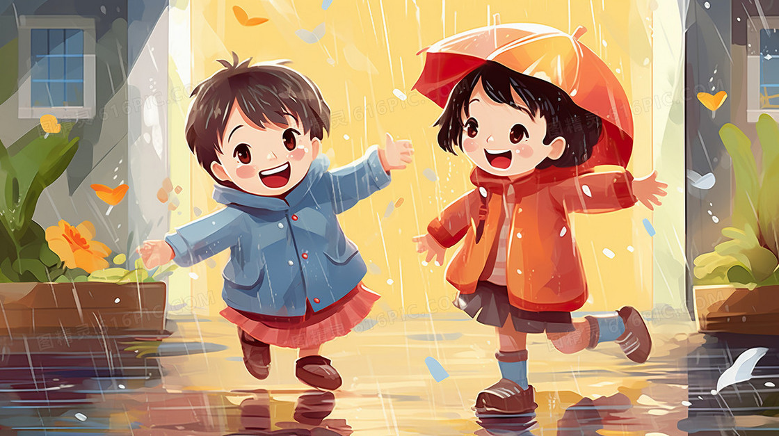下雨天卡通小孩在雨中玩耍插画