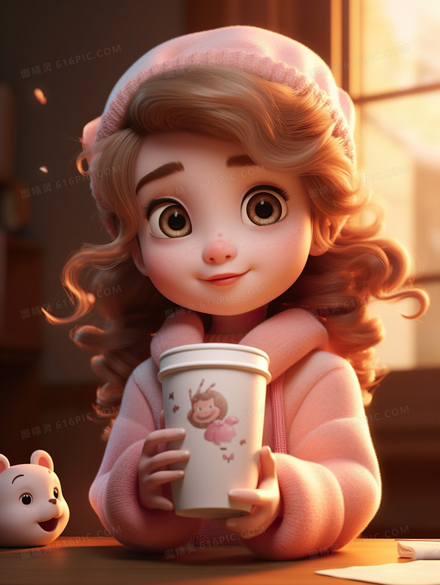 卡通小女孩冬天喝奶茶插画