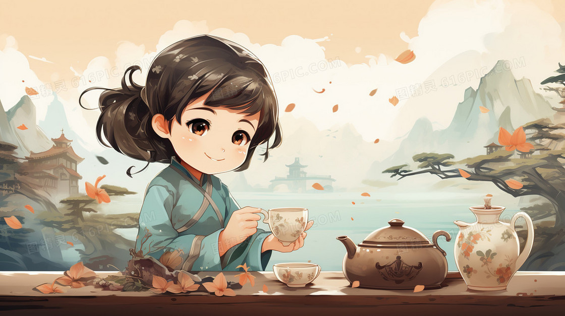 中国风卡通人物泡茶品茶茶文化插画