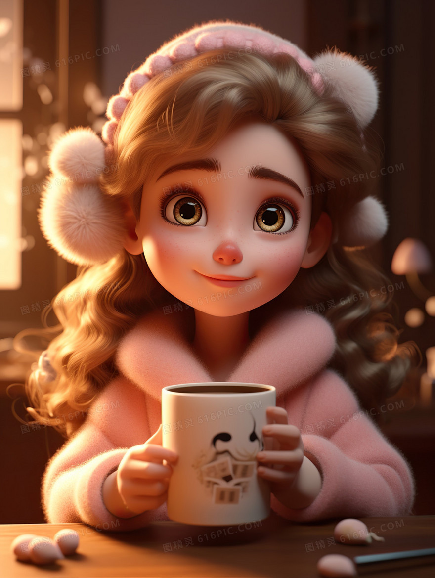 卡通小女孩冬天喝奶茶插画