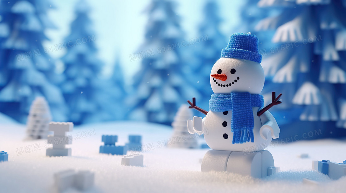 3D森林雪地上的雪人创意图片