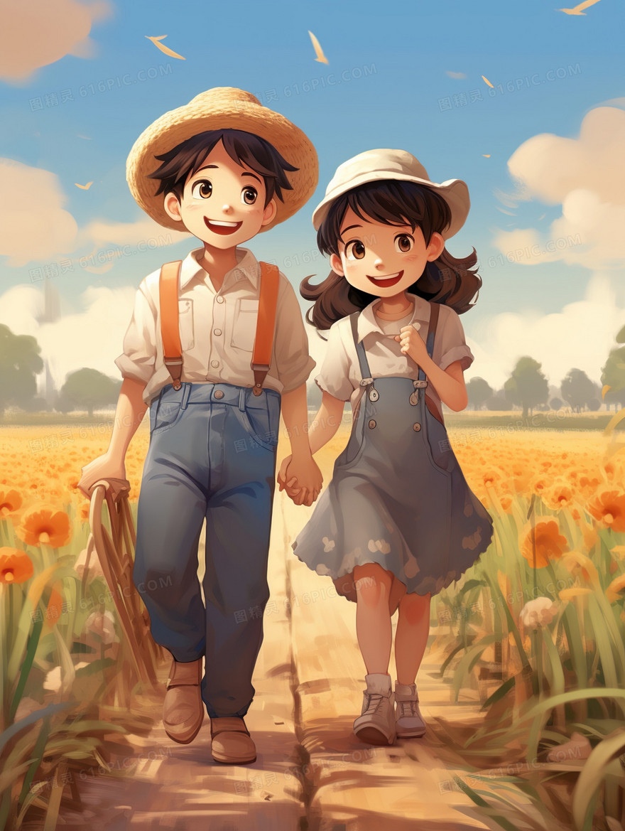 卡通小男孩和小女孩在麦田散步插画