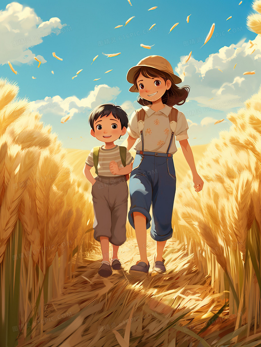 卡通小男孩和小女孩在麦田散步插画