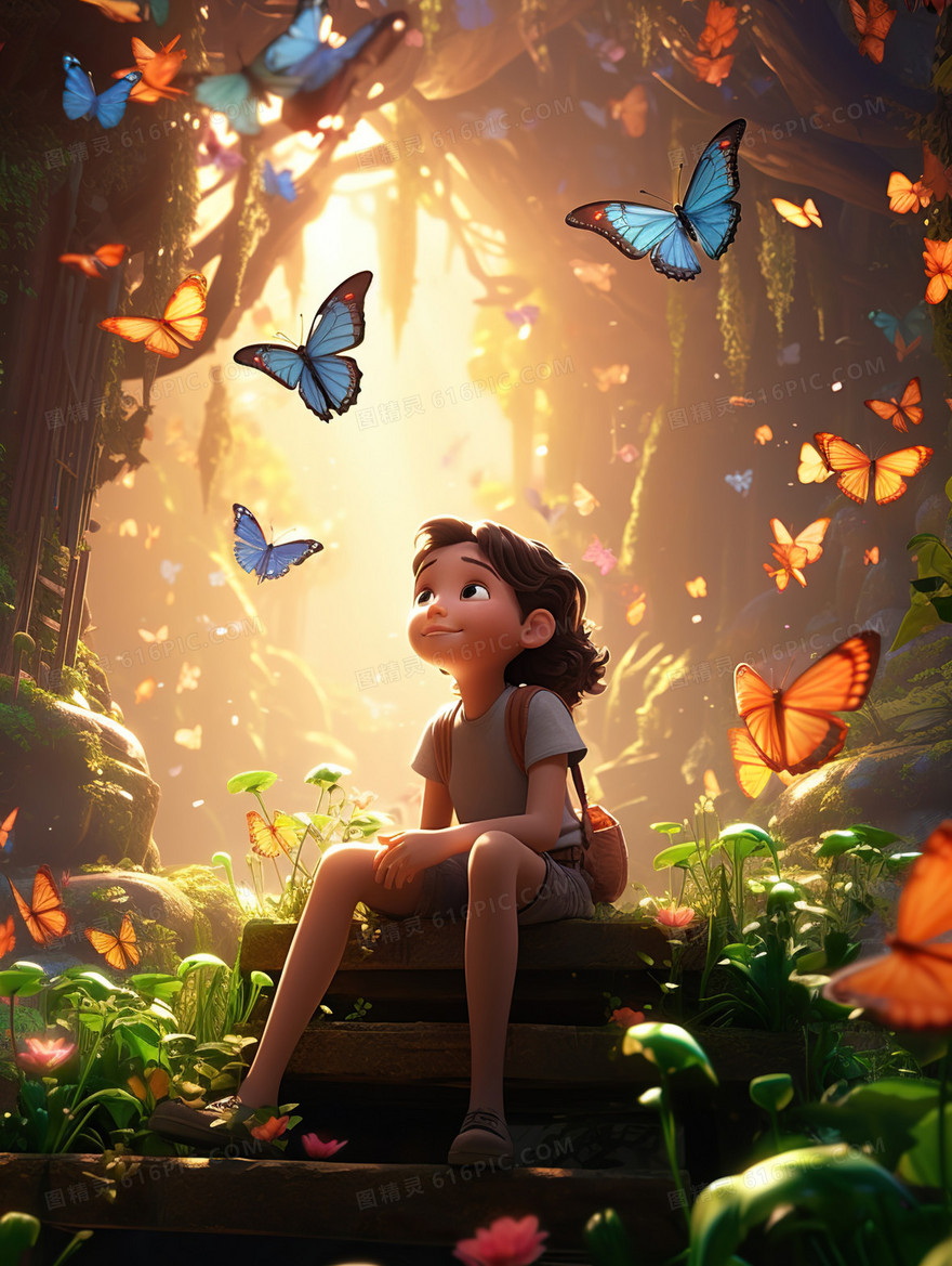 卡通小小女孩在森林里探险插画