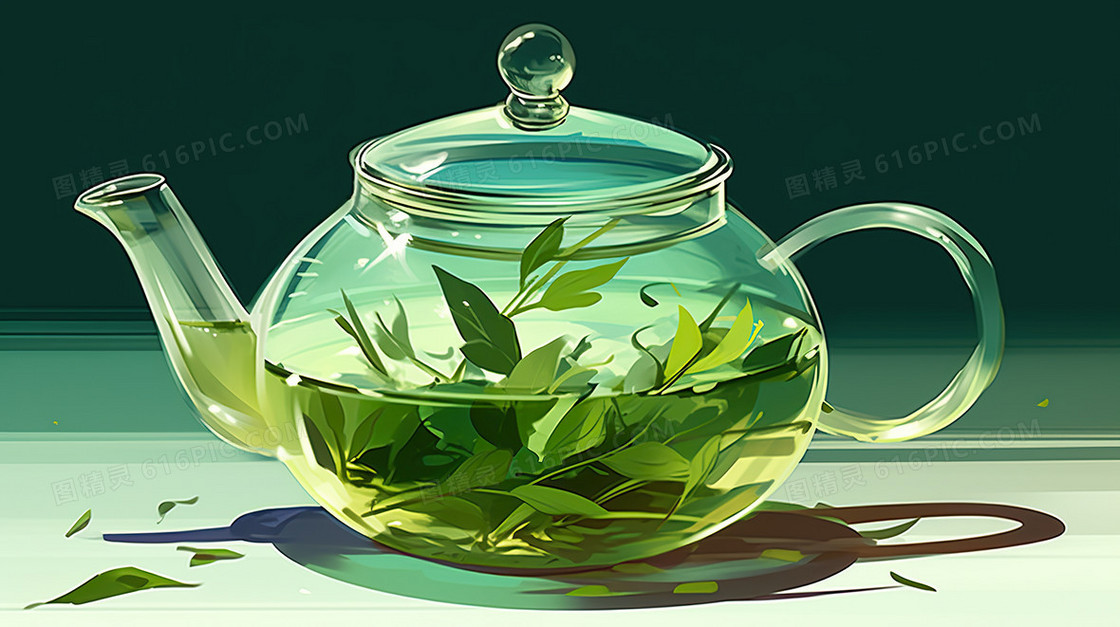 绿茶泡茶茶壶茶叶品茶插画