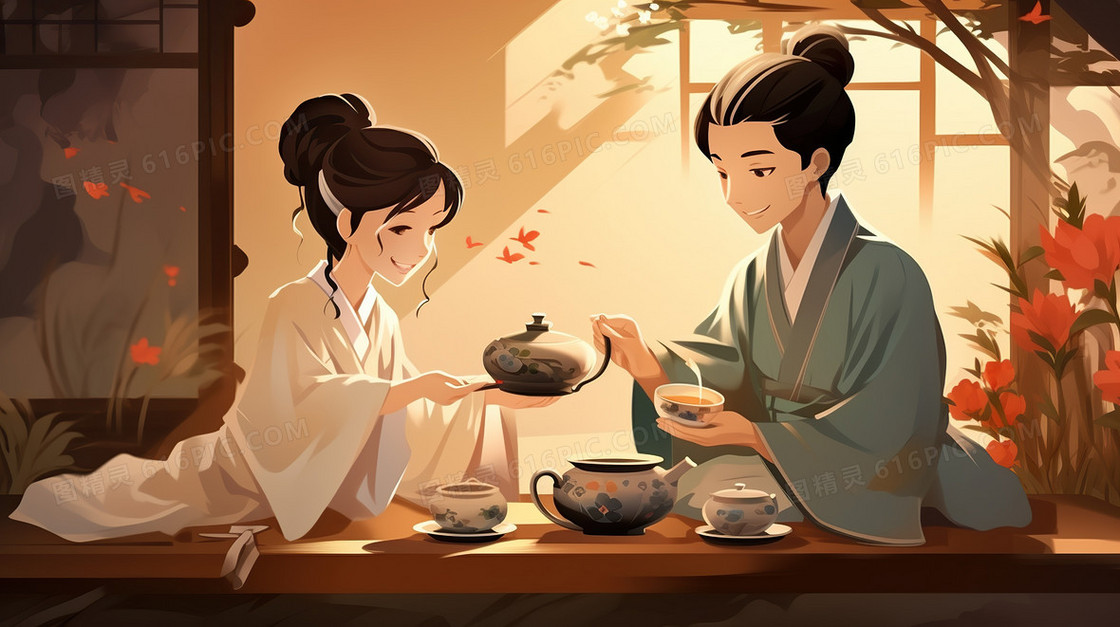 中国风卡通人物泡茶品茶茶文化插画