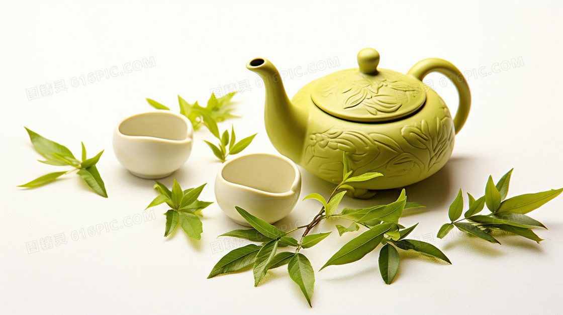 绿茶泡茶茶壶茶叶品茶插画