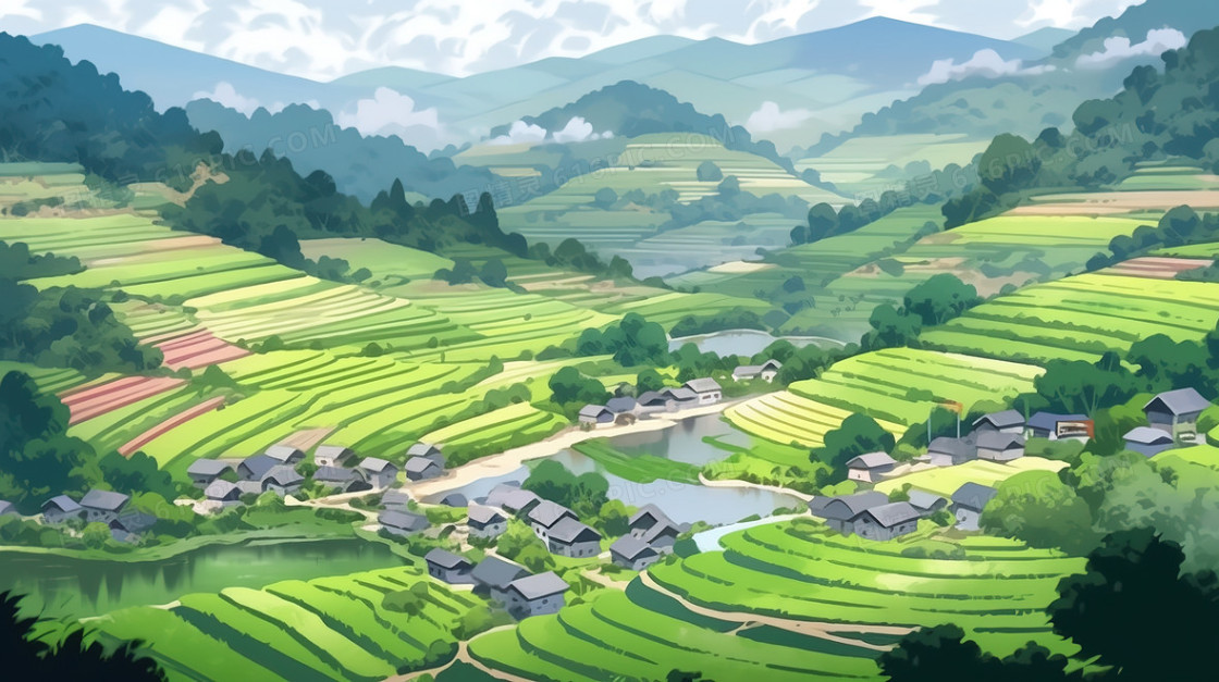 春天绿色山村田野风景插画