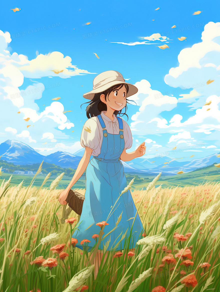 山坡草地里的女孩唯美风景插画