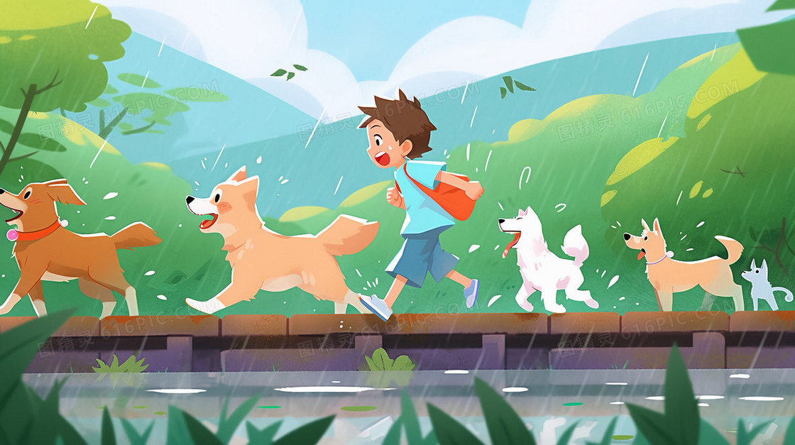下雨天和小狗在路上奔跑的男孩插画