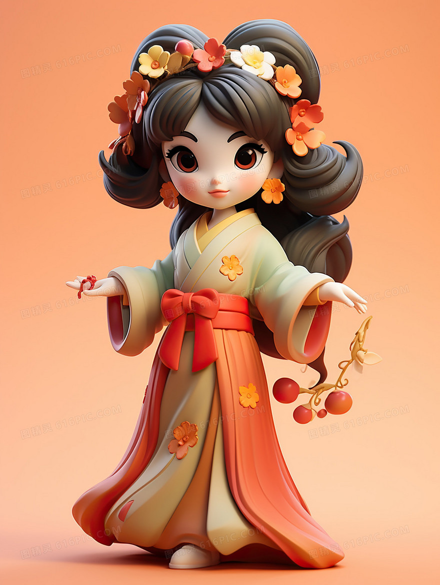 卡通中国风少女3D人物手办玩具插画