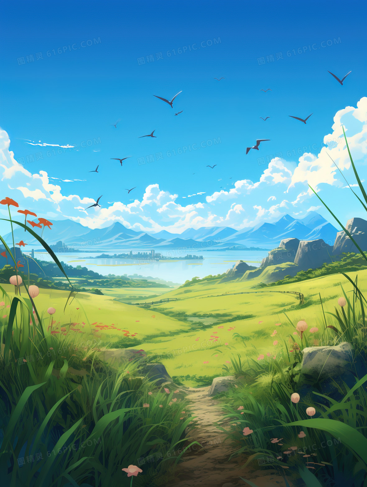 春天绿色草地山坡风景插画背景图片下载_2912x1632像素JPG格式_编号14yfq64do_图精灵