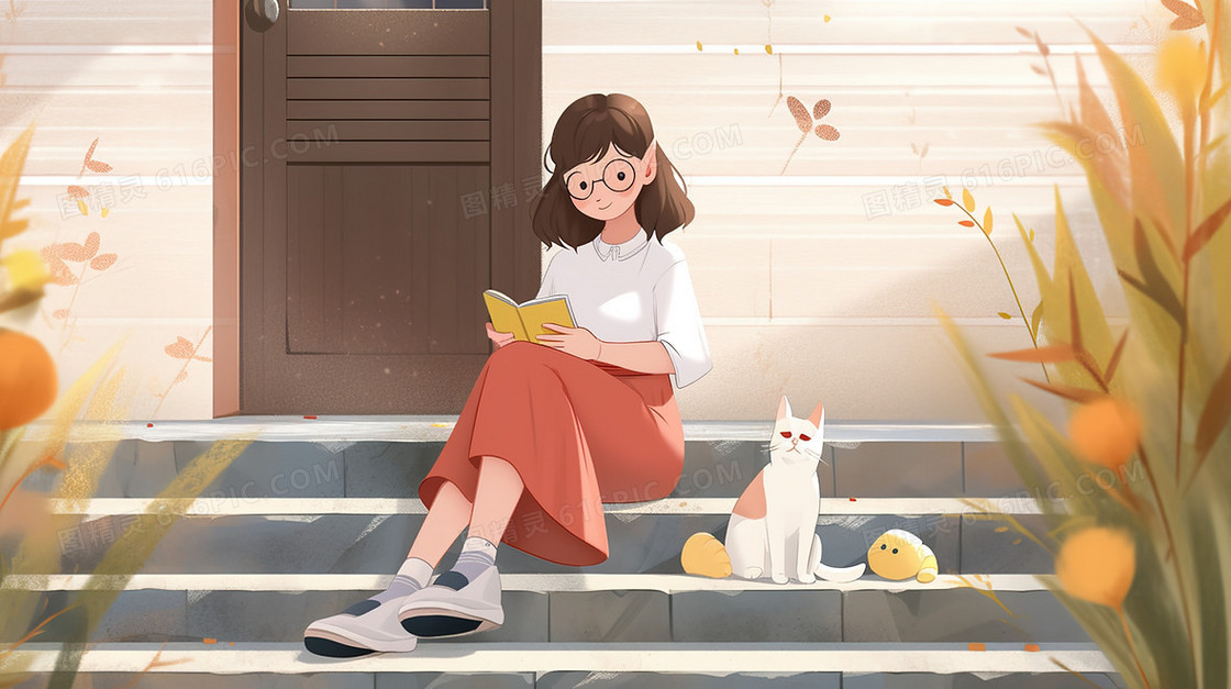 和猫咪一起坐在台阶上的女孩插画