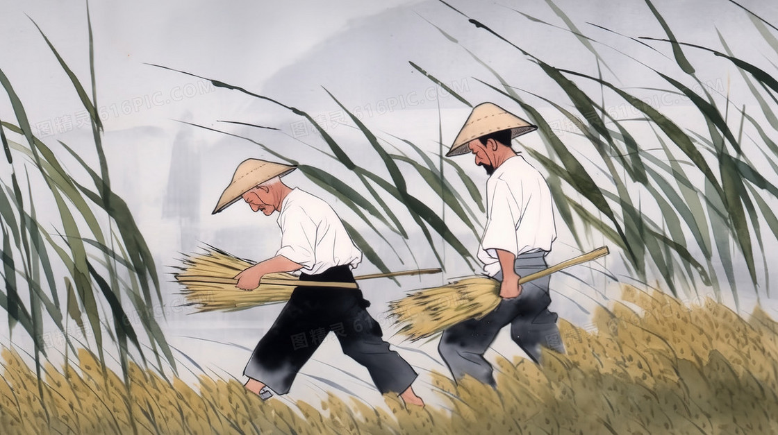 乡村稻田里收割水稻的农民插画