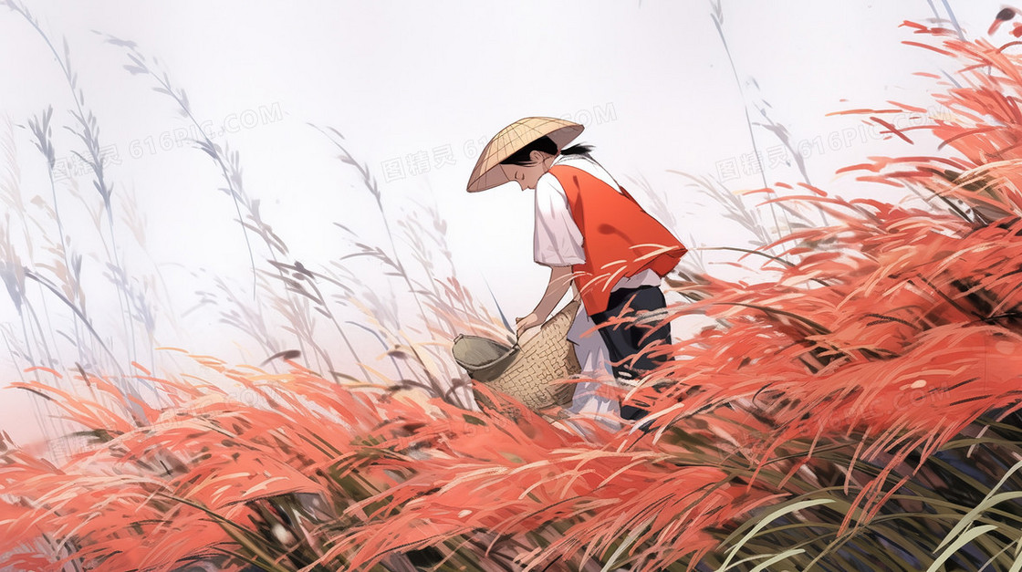 乡村稻田里收割水稻的农民插画