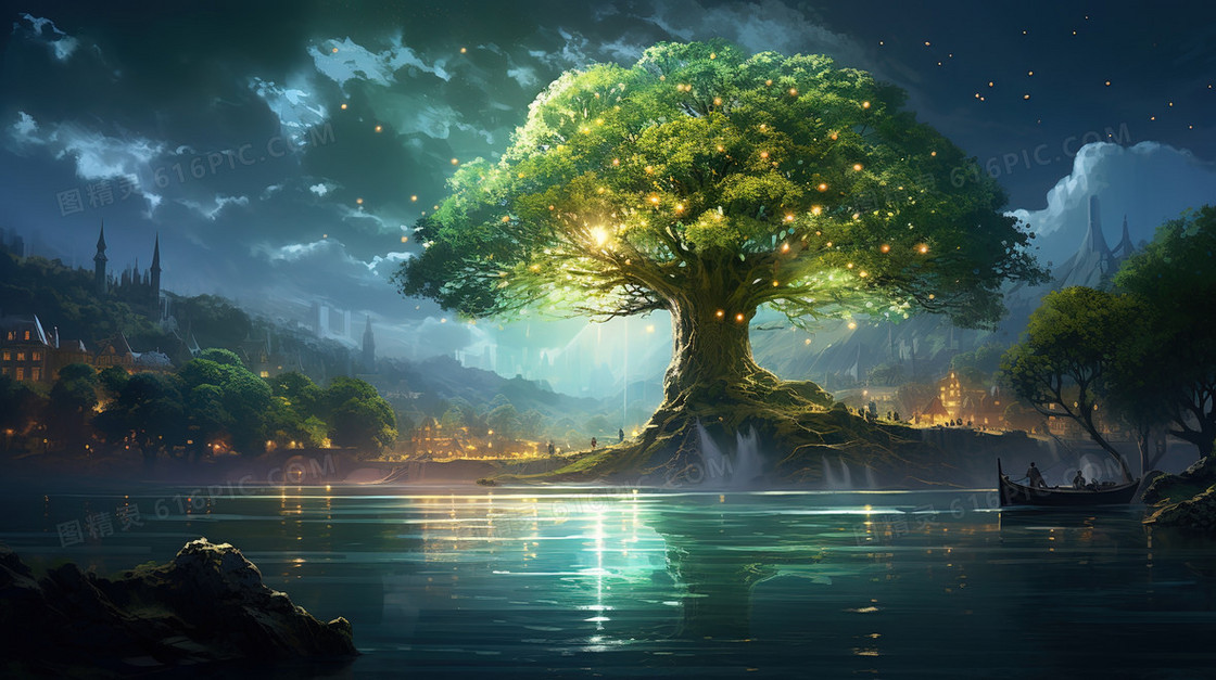 河岸边一棵闪闪发光的魔法树插画