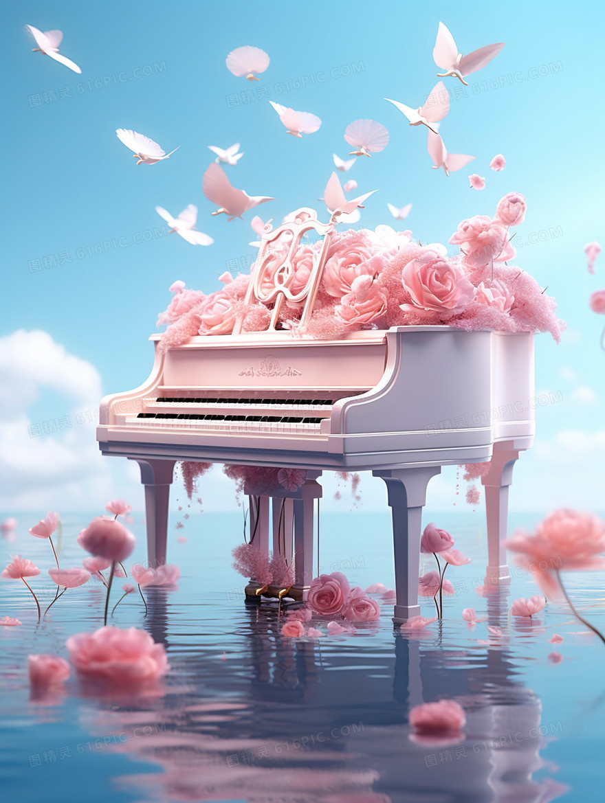云端水上浪漫钢琴玫瑰花情人节婚庆婚礼图片