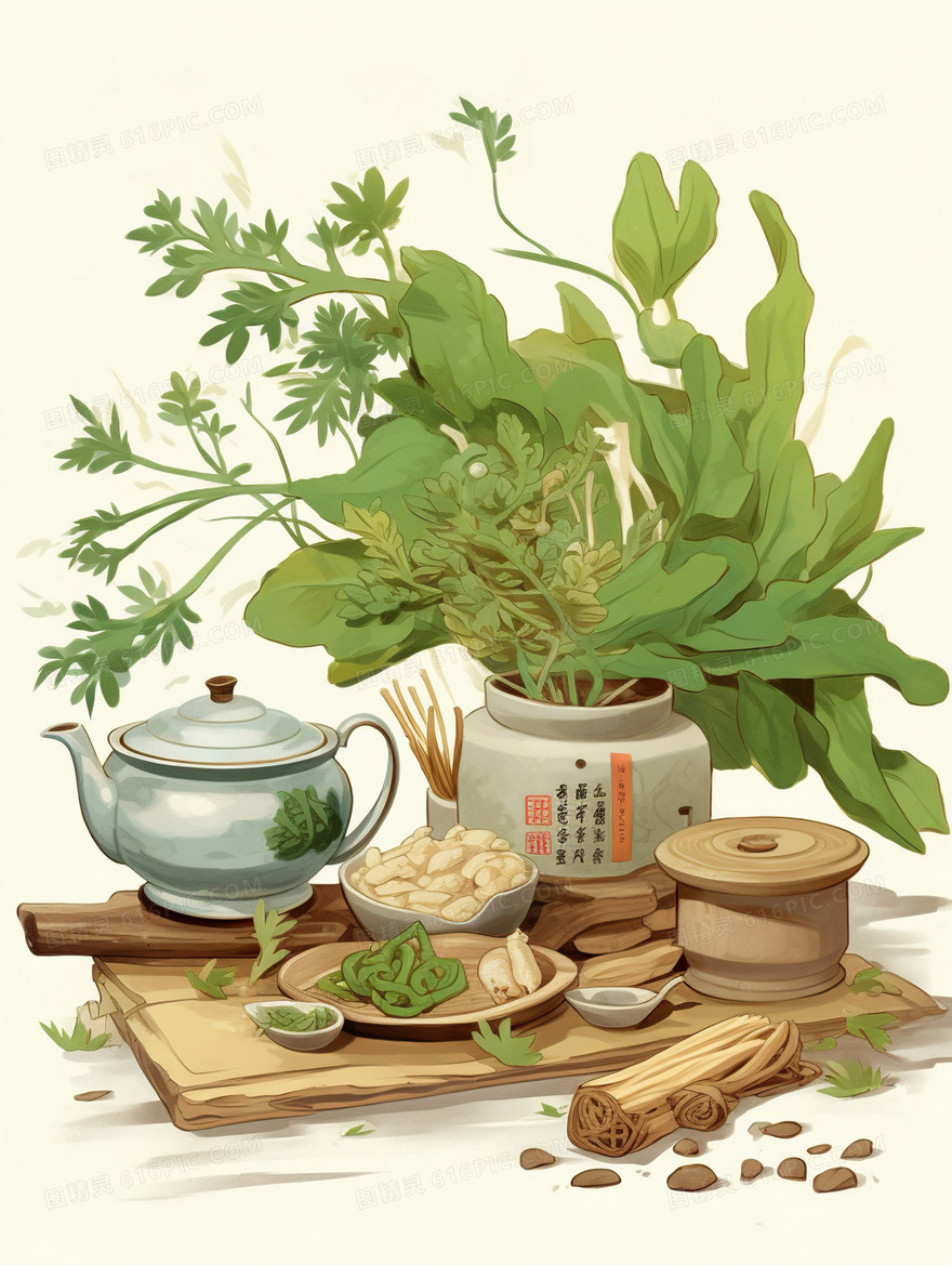 中国风中草药植物中医药罐插画