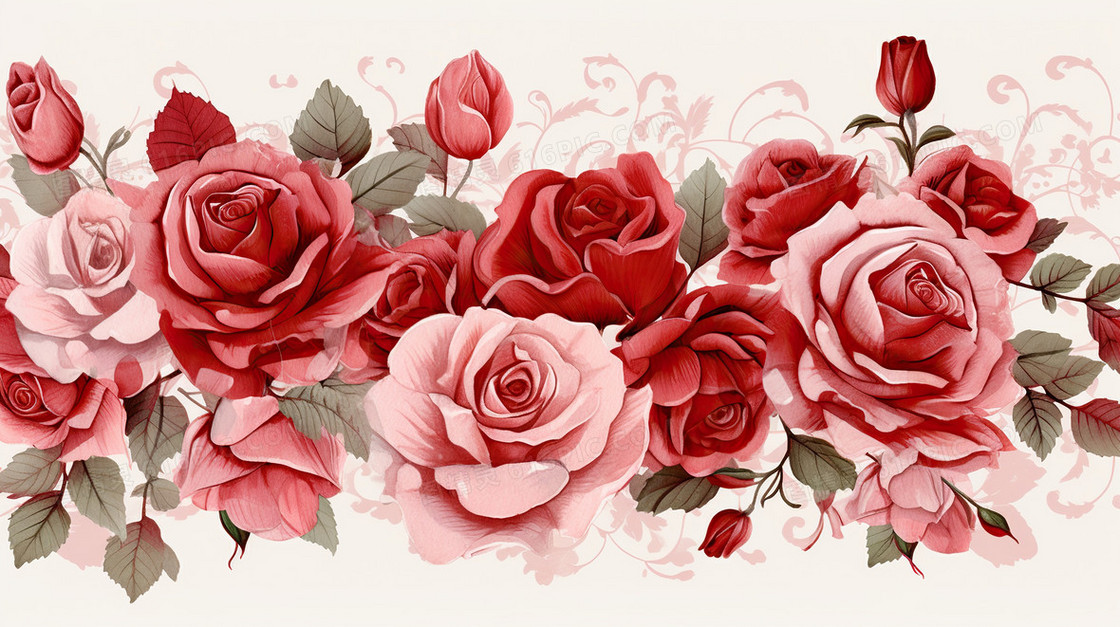 浪漫粉色手绘油画玫瑰花情人节插画