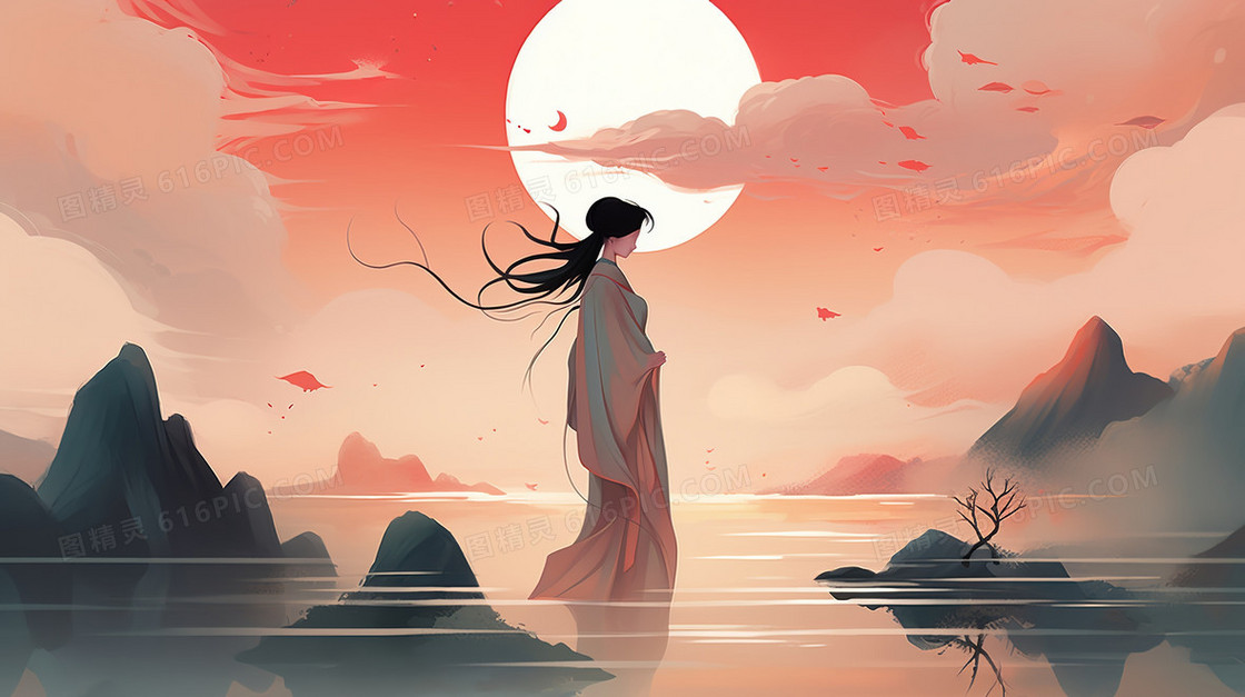 中国风长发美人山水风景插画
